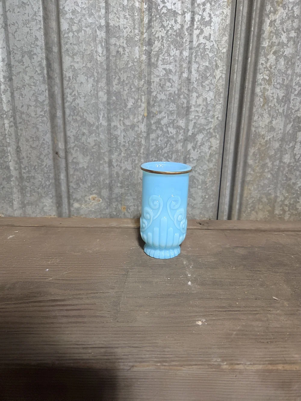 VTG 1970s Avon Bristol Blue Opalescent Glass Tumbler Vase Gold Rim Scroll